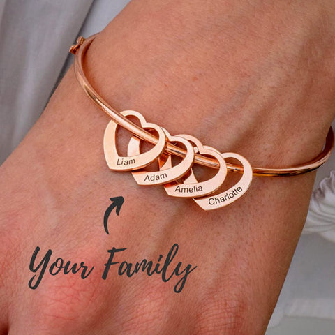 MyNameNecklace MYKA - Personalized Bracelet Bangle with Heart Pendants - Custom Made Multiple Pendant Jewelry Wife Women Christmas Gift (Rose Gold Plated Sterling Silver) MyNameNecklace