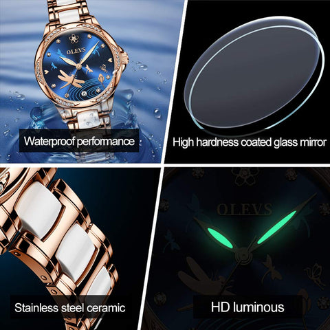 OLEVS Automatic Watches for Women Self Winding Mechanical Watch Rose Gold Diamond Stainless Steel Luminous Waterproof Dress Watch Blue Dial OLEVS
