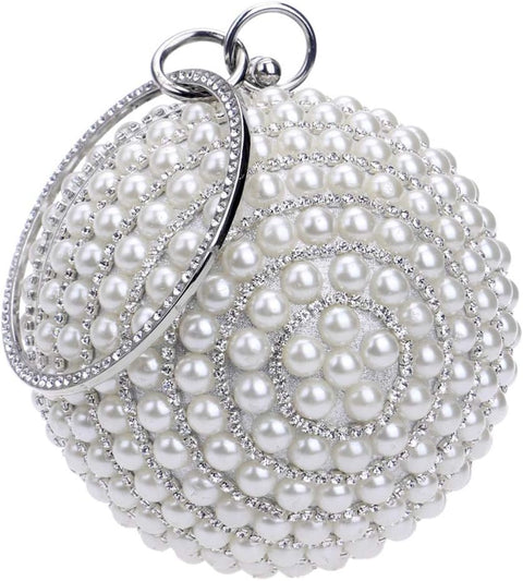 Tngan Womens Evening Bag Round Ball Wedding Handbag Artificial Pearl Purse Silvery Tngan