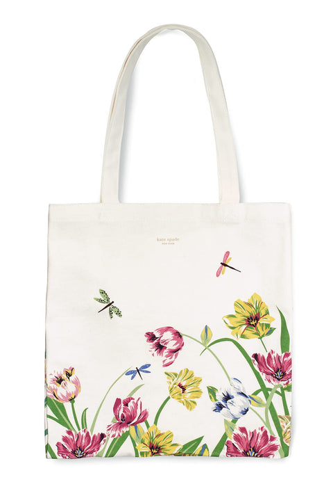 kate spade new york Canvas Tote Bag for Women, Cute Tote Bag for Work or Teacher, Canvas Beach Bag, Book Tote with Pocket, Dragonflies and Tulips