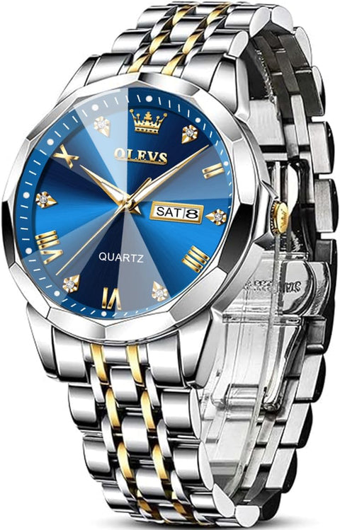 OLEVS Watch for Men Blue Big Face Watch for Men Two Tone Men's Wrist Watches Stainless Steel Waterproof Casual Fashion Mens Watches Luxury Diamond Quartz Men Watch relojes para Hombres OLEVS