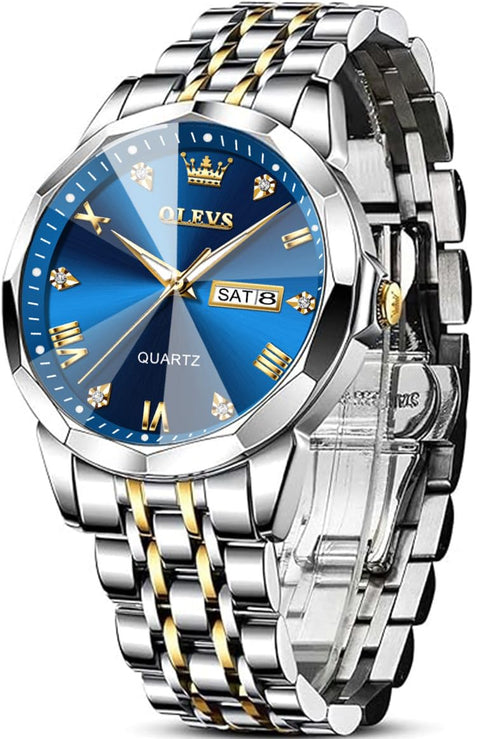 OLEVS Watch for Men Blue Big Face Watch for Men Two Tone Men's Wrist Watches Stainless Steel Waterproof Casual Fashion Mens Watches Luxury Diamond Quartz Men Watch relojes para Hombres OLEVS