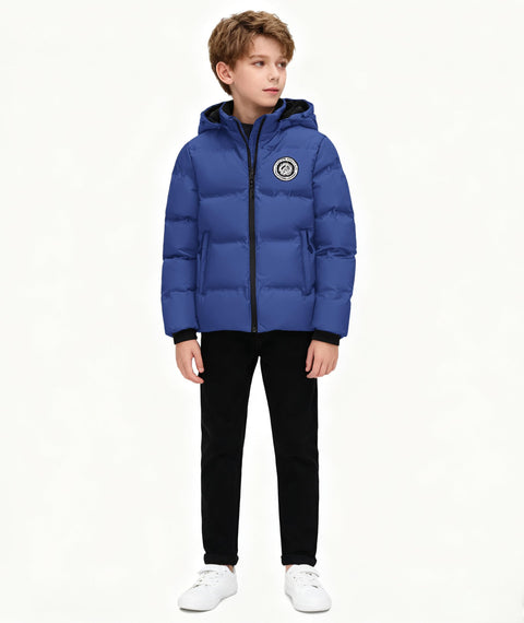 RBYEKP Winter Ski Coat for Kids Warm Lining Boys Thermal Puffy Jackets with Removeable Hood Ski Puffer Coat for Youth Zipper Dark Blue L (10-12)
