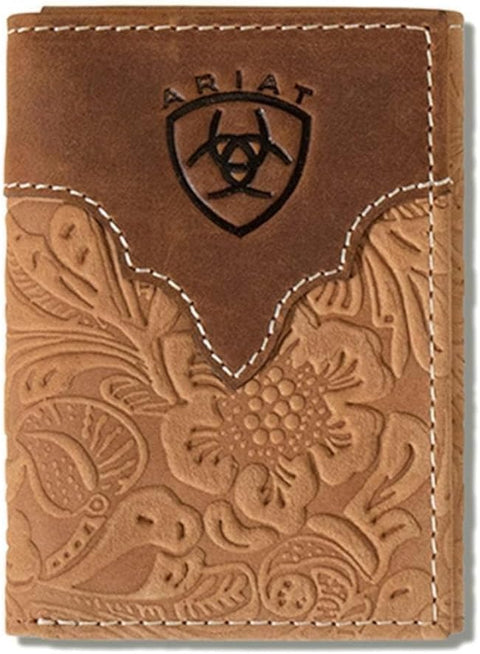 ARIAT Men's Genuine Leather Floral Embossed Trifold Wallet ARIAT