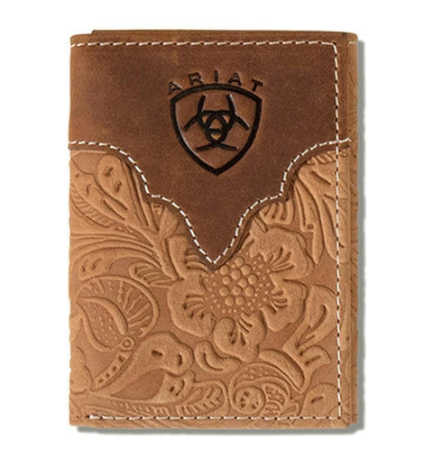 ARIAT Men's Genuine Leather Floral Embossed Trifold Wallet ARIAT
