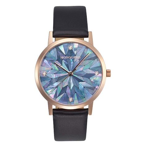 monogriis Women's Watch Mother of Pearl Dial Analogue Display Japan Brand (Black x Black) monogriis