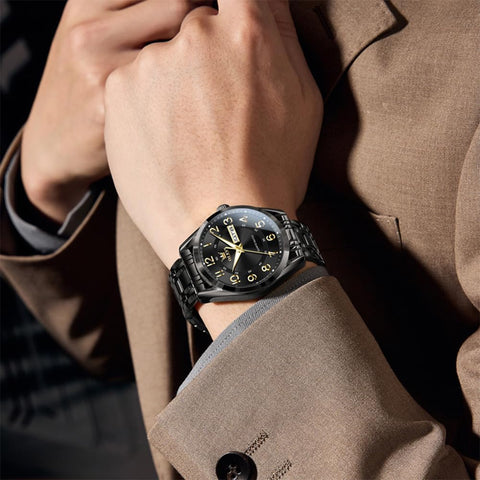 OLEVS Black Watches for Men Classic Business Dress Large Number Analog Watch Waterproof Luminous Easy Reader Male Wristwatch