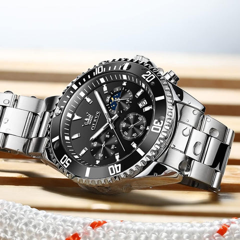 OLEVS Watch for Mens Black Face Stainless Steel Chronograph Watches Men Big Dial Classic Rotatable Bezel Silver with Day-Date Luxury Watches for Mens Dress Father Gift Watch Reloj De Hombre