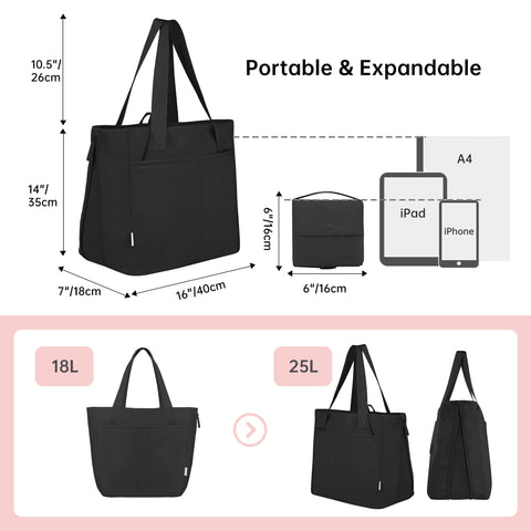KarSyon Tote Bag for Women Foldable Tote Purses Bags With Cup Holder Zipper Travel Shoulder Bag Handbag for Work,Nurse,School (Black)