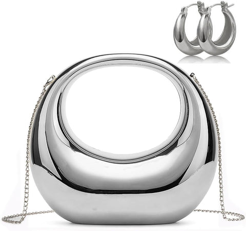 NUSTTAL Acrylic Clutch Purse for Women Top-handle Moon Hobo Bag Evening Handbag for wedding party Cocktail (Silver) NUSTTAL