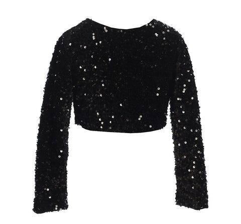 BluNight Little Girls Long Sleeve Sequin Flower Girl Cardigan Shrug Bolero Dress Coat Black 6 (JKS 2261)