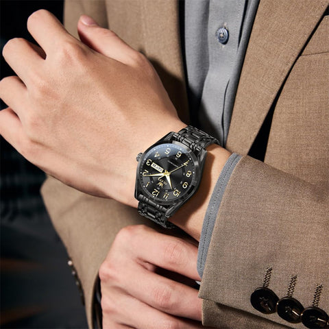 OLEVS Black Watches for Men Classic Business Dress Large Number Analog Watch Waterproof Luminous Easy Reader Male Wristwatch