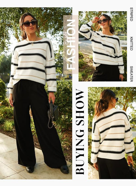 Dokotoo Long Sleeve Crewneck Striped Pullover Sweaters for Women Winter Casual Loose Knit Pullover Sweater Jumper Tops White Medium