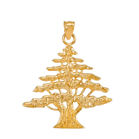 Middle Eastern Jewelry Textured 14k Yellow Gold Lebanese Cedar Tree Charm Pendant