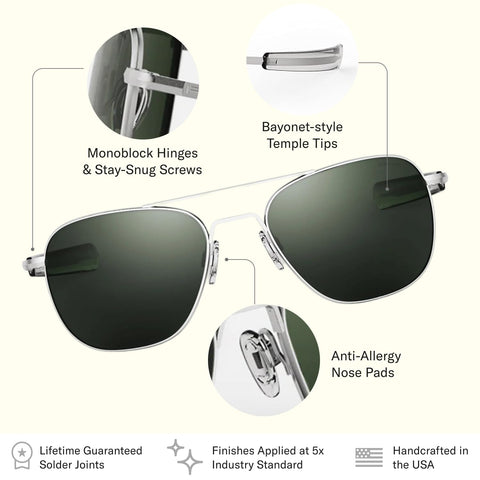 Randolph Eyewear Aviator Sunglasses for Men and Women – Classic Aviator Glasses with Polarized Lenses and Matte Chrome Frame, UV Protection Sunglasses Made to Last a Lifetime (Agx Green)