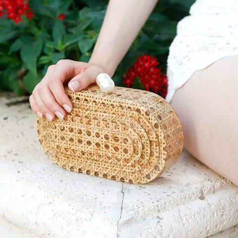 PENGZHI Women Acrylic Rattan Clutch Purse Rattan Woven Evening Bag Wedding Party Purse Summer Beach Wicker Shoulder Handbag, Brown PENGZHI