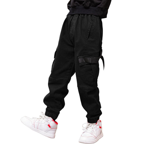 Boys Cargo Pants Cotton Casual Pants Elastic Waist Hiking School Uniform Sweatpants Joggers (Black, 10-12)