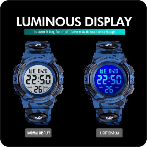 Kids Digital Watch Boys Outdoor Sports 50M Waterproof Girls Watches Alarm Clock 12/24 H Stopwatch Calendar for Ages 3-15 Boy Girl Wristwatch Kids Gift,Camo Dark Blue X