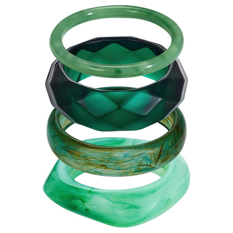 NoctisNest Green Acrylic Resin Bangles Bracelets, 4 Pcs Chunky Boho Geometric Acetate Plate Bracelets Stack, Trendy Resin Statement Wristband Wide Irregular Bangle Set for Women
