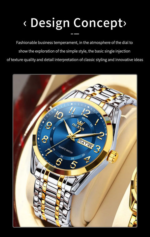 OLEVS Mens Watch Blue Classic Large Analog Male Watch Two Tone Stainless Steel Calendar Waterproof Luminous Gift Watch for Father