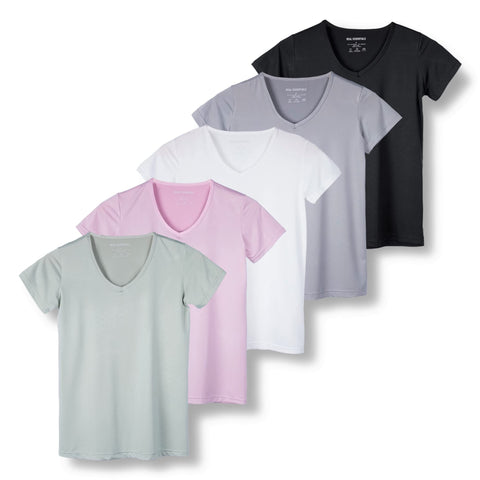 Real Essentials Womens V Neck T-Shirt Ladies Yoga Top Athletic Tees Active Wear Gym Workout Zumba Exercise Running Essentials Quick Dry Fit Dri Fit Moisture Wicking Basic Clothes, Set 9, S, Pack of 5 Real Essentials
