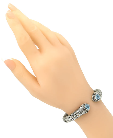 DEVATA Sterling Silver 925 with Blue Topaz Bali Filigree Cuff Bracelet DHK3215ASSBT (Size M) DEVATA