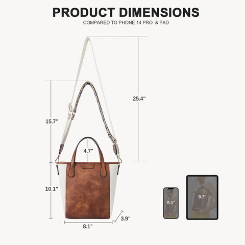 BOSTANTEN Crossbody Tote Bag Small Bucket Bag Vegan Leather Handbag Purses for Women Guitar Strap, Beige and Brown BOSTANTEN