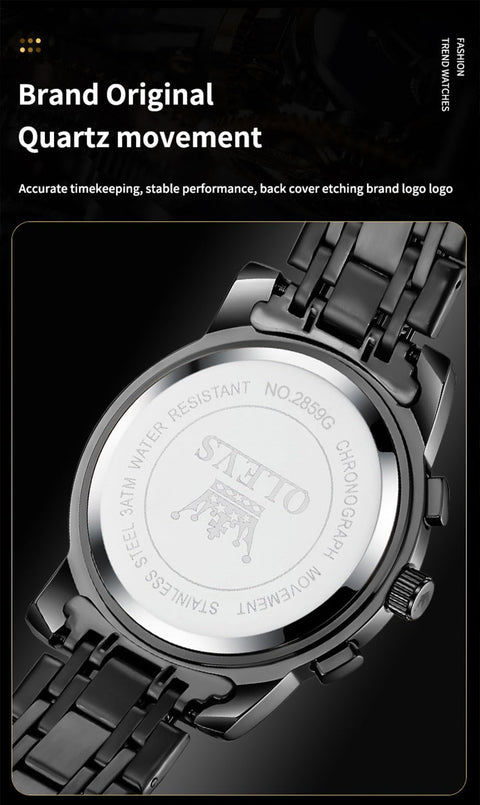 OLEVS Black Watches for Men Casual Fashion Big Face Man Watch Luxury Analog Quartz Men's Wrist Watch Elegant Waterpoof Stainless Steel Multifunction Chronograph Moon Phase Mens Watches