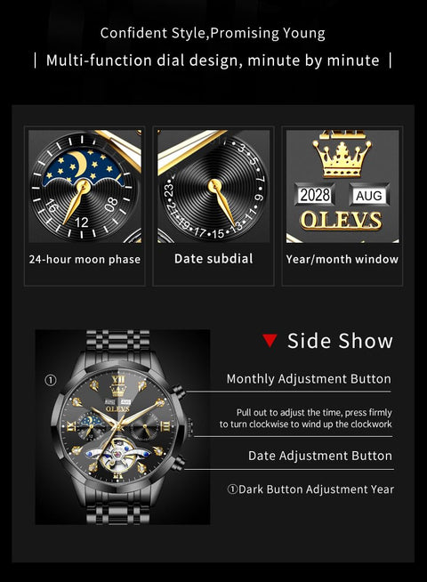 OLEVS Black Self Winding Watches for Men Mechanical Business Dress Skeleton Waterproof Luminous Date Automatic Luxury Casual Man Watch