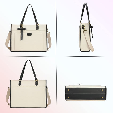 Keyli Laptop Tote Bag Canvas Bag for Women 15.6 inch Casual Work Shoulder Bags Large Capacity Professional Business Office Computer Bag Briefcase Handbag Purses for Travel, Office, School White Keyli