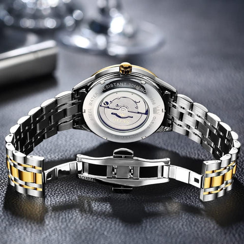 OLEVS Watches for Men Automatic Self Winding Two Tone Mechanical Stainless Steel Luxury Business Calendar Waterproof Luminous Wrist Watch Gold Blue OLEVS
