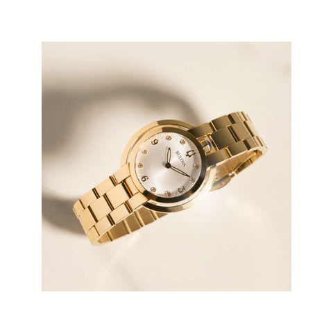 Bulova Ladies' Rubaiyat Diamond Dial Gold Tone Stainless Steel 2-Hand Quartz Watch, Diamond Dial and Sapphire Crystal Style: 97P125 Bulova