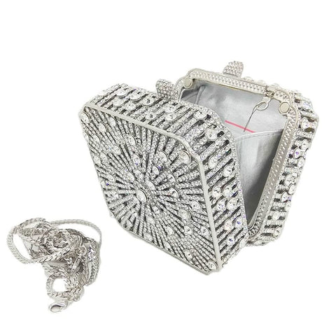 Boutique De FGG Women Metal Box Crystal Clutch Purse Evening Bag Wedding Bridal Rhinestone Handbags Party Clutch Bag,Mini,Silver Boutique De FGG