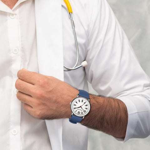 GOLDEN HOUR Waterproof Nurse Watch, 38mm, 24-hour Luminous Dial, Red Second Hand, Silicone Band, Navy Blue