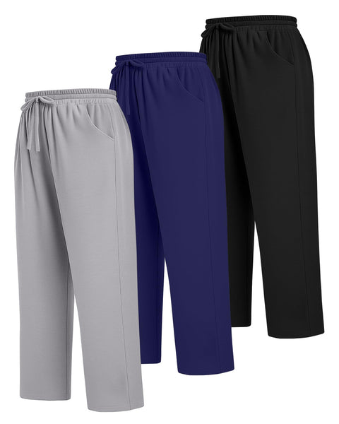 Neer 3 Pack Women's Plus Size Sweatpants Wide Leg High Waist Drawstring Yoga Lounge Joggers Open Bottom Pants with Pockets(Black, Navy Blue, Light Gray,XX-Large)