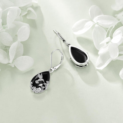 YFN Hummingbird Earrings Sterling Silver Black Tourmaline Dangle Drop Earrings Crystal Healing Jewelry Spiritual Protection Gifts for Women