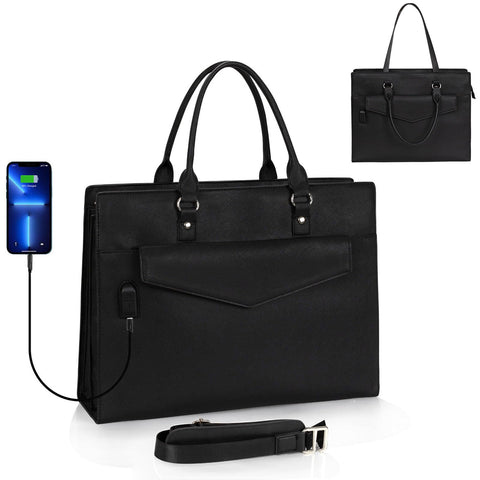 Laptop Tote Bag for Women, 17 Inch Laptop Bag Waterproof Leather Computer Tote Bag, Large Work Bag with USB Charging Port, Womens Laptop Briefcase Business Office Handbag Work Shoulder Bag, Black onemoky