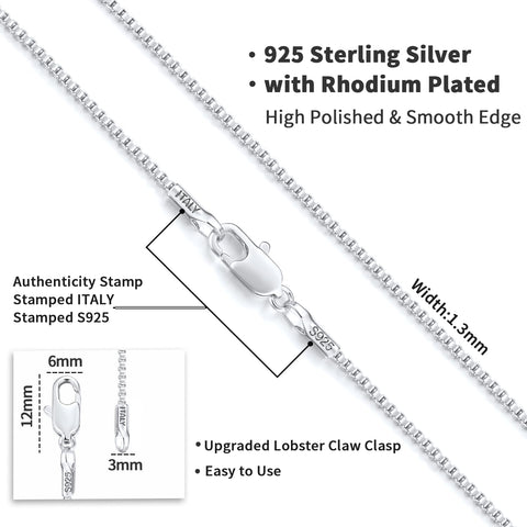 Jewlpire Soild 925 Sterling Silver Chain Necklace for Women Girls, 1.3mm Box Chain Italian Silver Chain for Women Thin & Sturdy Women's Chain Necklaces 20 Inch Jewlpire