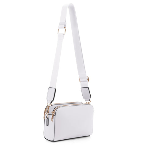 EVVE Crossbody Bags for Women Trendy Triple Zip Small Crossbody Camera Bag Purse with Wide Guitar Strap | White EVVE