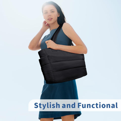 TOPDesign Puffer Tote Bag for Women, Lightweight Puffy Handbag with Compartments & Cosmetic Bag, Quilted Shoulder Bags for Work, Travel, Gym, Gifting (M Black)