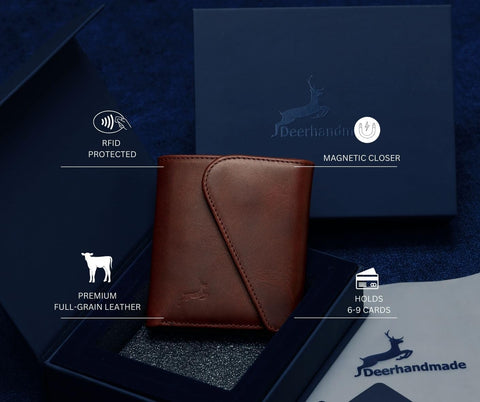 DEERHANDMADE Leather Wallet for Men | Fancy Bifold Handcrafted Mens Wallet with Magnetic closer & RFID Protection | Holds 6-10 Cards,1 ID Window, Cash Components (Garnet Edition, Dark Brown) DEERHANDMADE