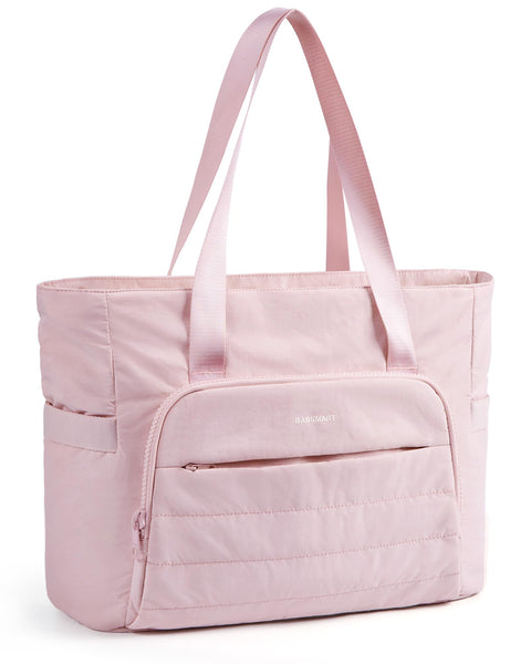BAGSMART Tote Bag for Women, Lightweight Large Tote Bag with Compartments and Yoga Mat Strap, Quilted Shoulder Bag Handbag for Travel, Work, Gym, Pink BAGSMART