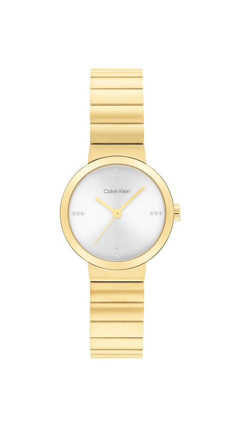 Calvin Klein Unisex Precise Watch, 3 Hand, Gold Plated Bracelet, Mini Case Size, Adorned with Crystal, Modern Design for Everyday Wear, (Model:25200416) Calvin Klein
