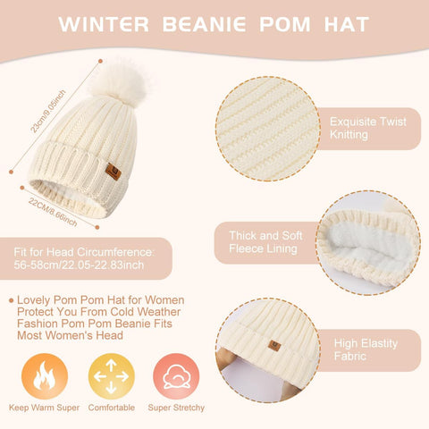 Uerymit Womens Winter Beanie Hat with Pom Pom Fleece Lined Warm Knit Beanie Touchscreen Gloves Long Neck Scarf 3 Set Skull Caps Gifts for Women Men Apricot Uerymit