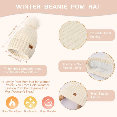 Uerymit Womens Winter Beanie Hat with Pom Pom Fleece Lined Warm Knit Beanie Touchscreen Gloves Long Neck Scarf 3 Set Skull Caps Gifts for Women Men Apricot Uerymit