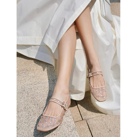DOEYG Mesh Ballet Flats for Women Rhinestone Mary Jane Flats with Strap Sparkly Square Toe Embellished Flats Shoes Comfortable Casual Dress Ballerina Shoes
