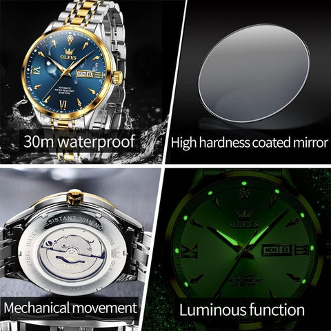 OLEVS Watches for Men Automatic Self Winding Two Tone Mechanical Stainless Steel Luxury Business Calendar Waterproof Luminous Wrist Watch Gold Blue OLEVS