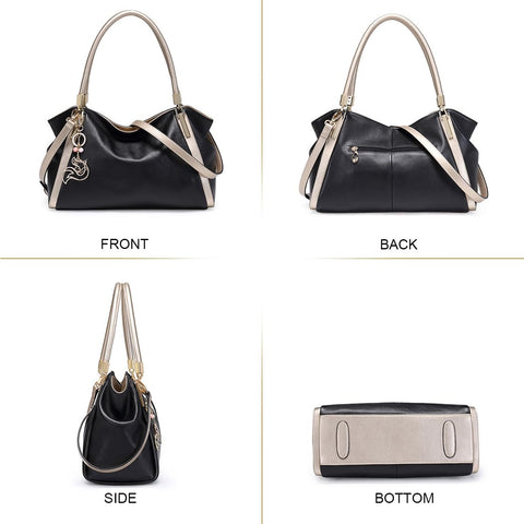 FOXLOVER Top Handle Shoulder Bags for Women Cow Leather Purses Women's Tote Handbags Satchel with Zipper Metal charm（B-Black Without Logo） FOXLOVER