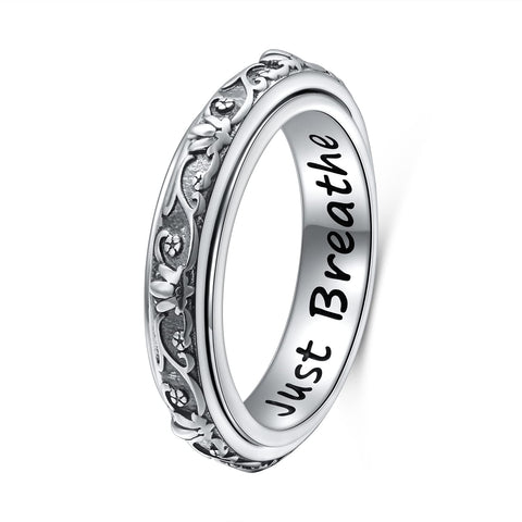 Ladytree Spinner Fidget Ring S925 Sterling Silver Lotus Flower Yoga Just Breathe Anxiety Worry Band Oxidized Fidget Stress Relieving Boredom ADHD Autism Rings for Women Men,Size 8 Ladytree