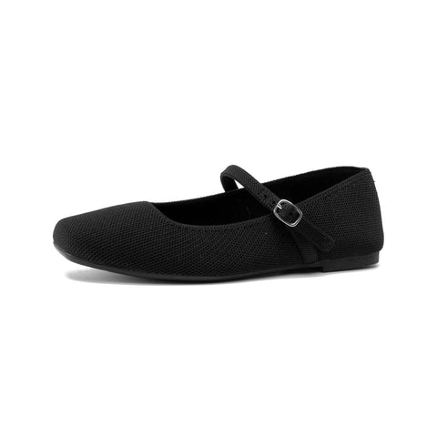 Soesyi Knit Flats for Women Square Toe Flats Casual Ballet Flats with Ankle Strap,Mary Jane Shoes Women Comfortable for Dressy Office,Size 08，Black